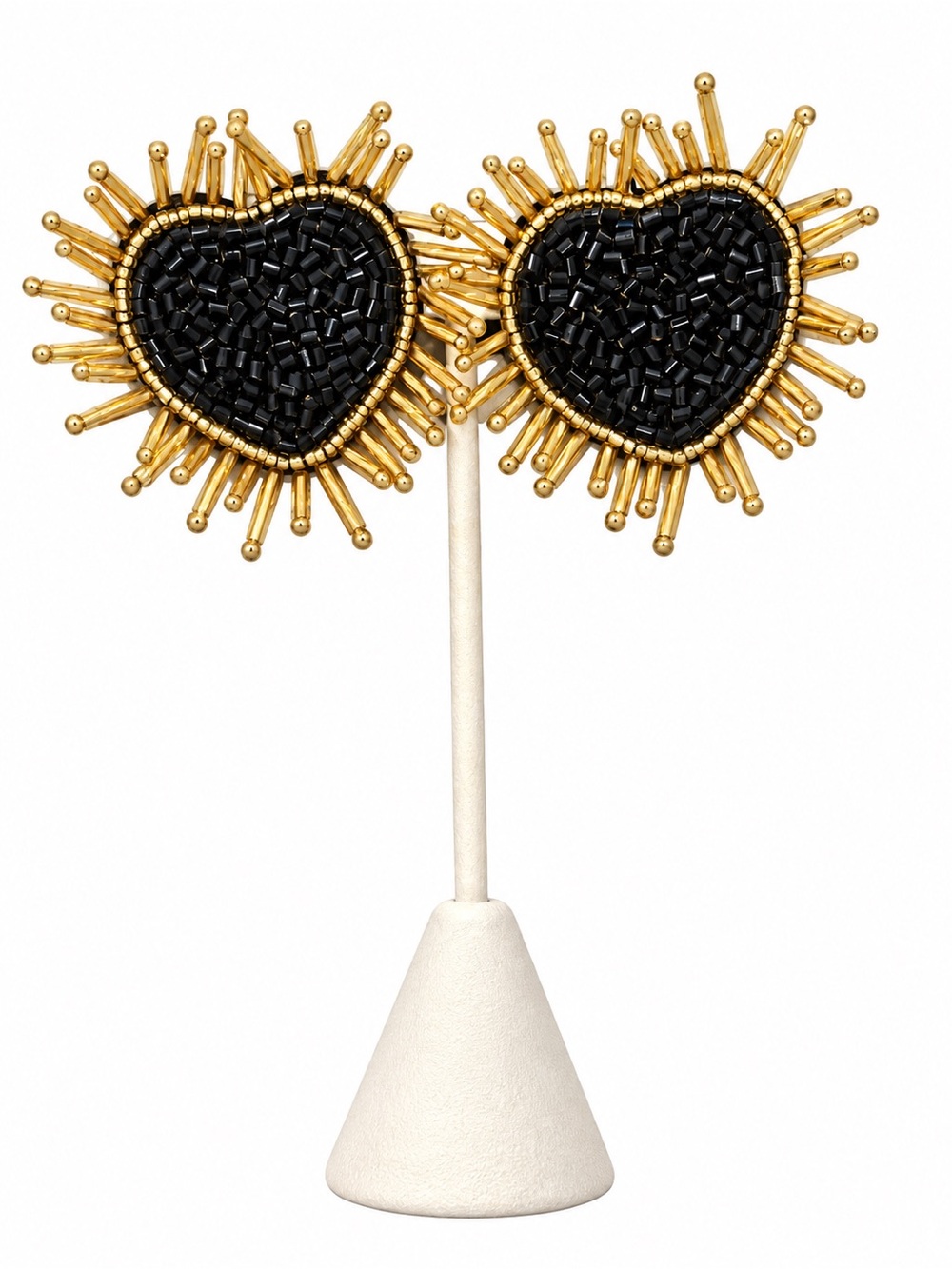 Gold and Black Heart Beaded Stud Earrings - Women Accessories